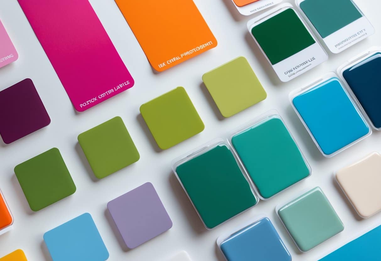 Vários tons de cores que começam com a letra F organizados em amostras sobre fundo branco.