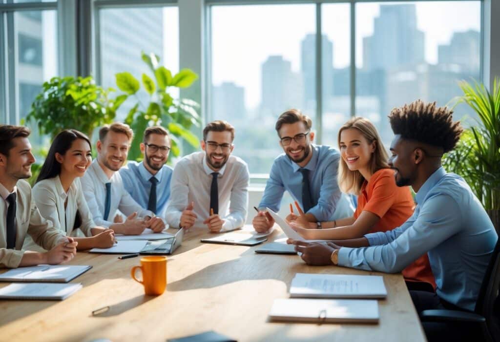 Grupo de jovens profissionais colaborando em um escritório moderno e iluminado, com plantas e janelas grandes ao fundo.