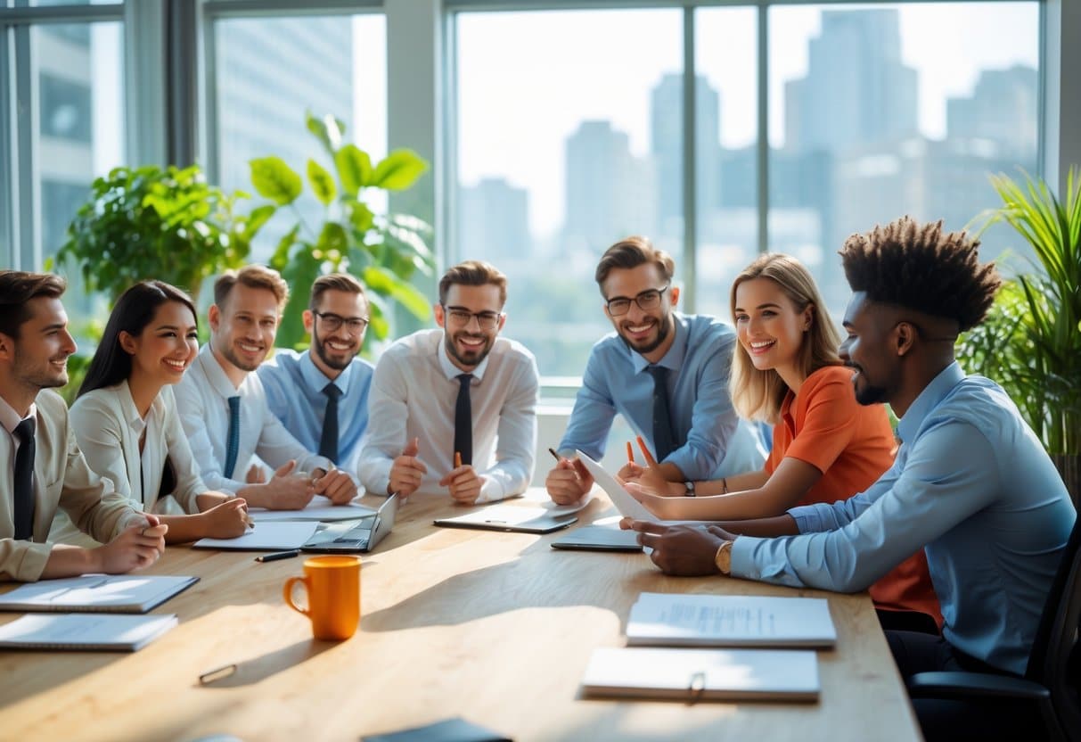 Grupo de jovens profissionais colaborando em um escritório moderno e iluminado, com plantas e janelas grandes ao fundo.