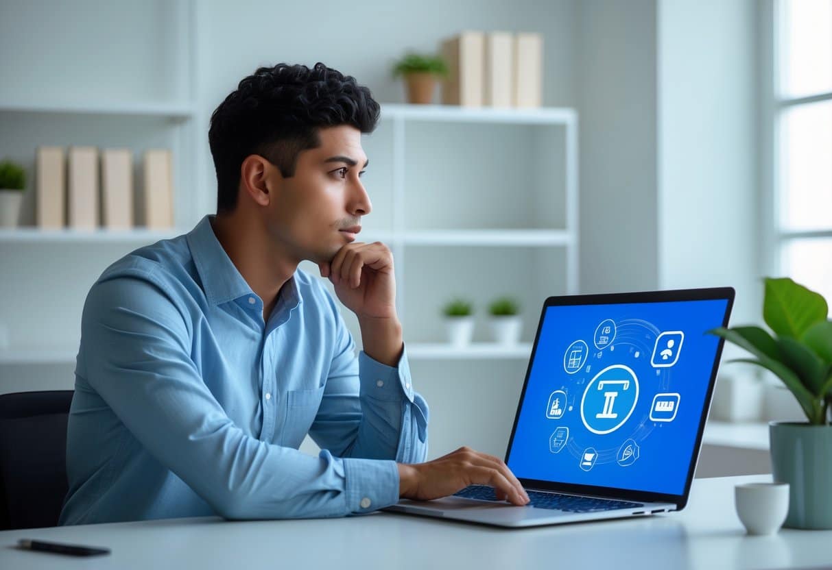 Um jovem brasileiro pensativo sentado em uma mesa moderna, olhando para a tela de um laptop em um escritório iluminado e organizado.