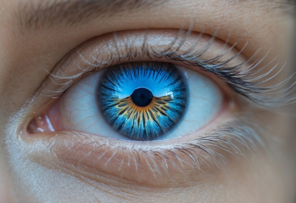 Close-up de um olho humano mostrando a íris e a pupila com detalhes nítidos.