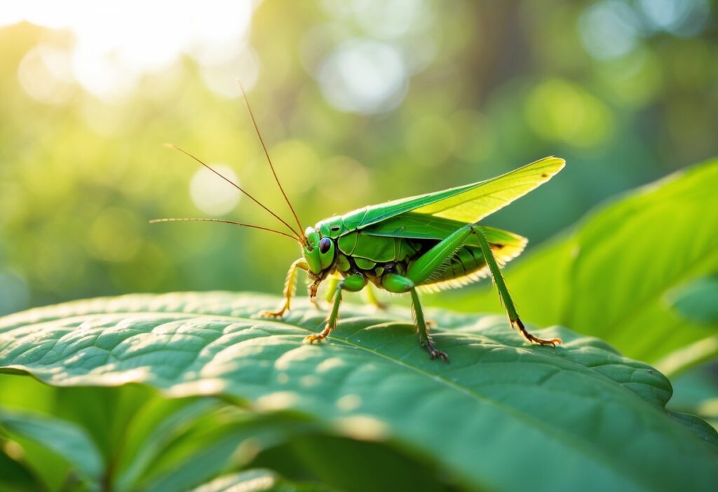 Um grilo verde sobre uma folha verde em um ambiente natural com luz suave ao fundo.