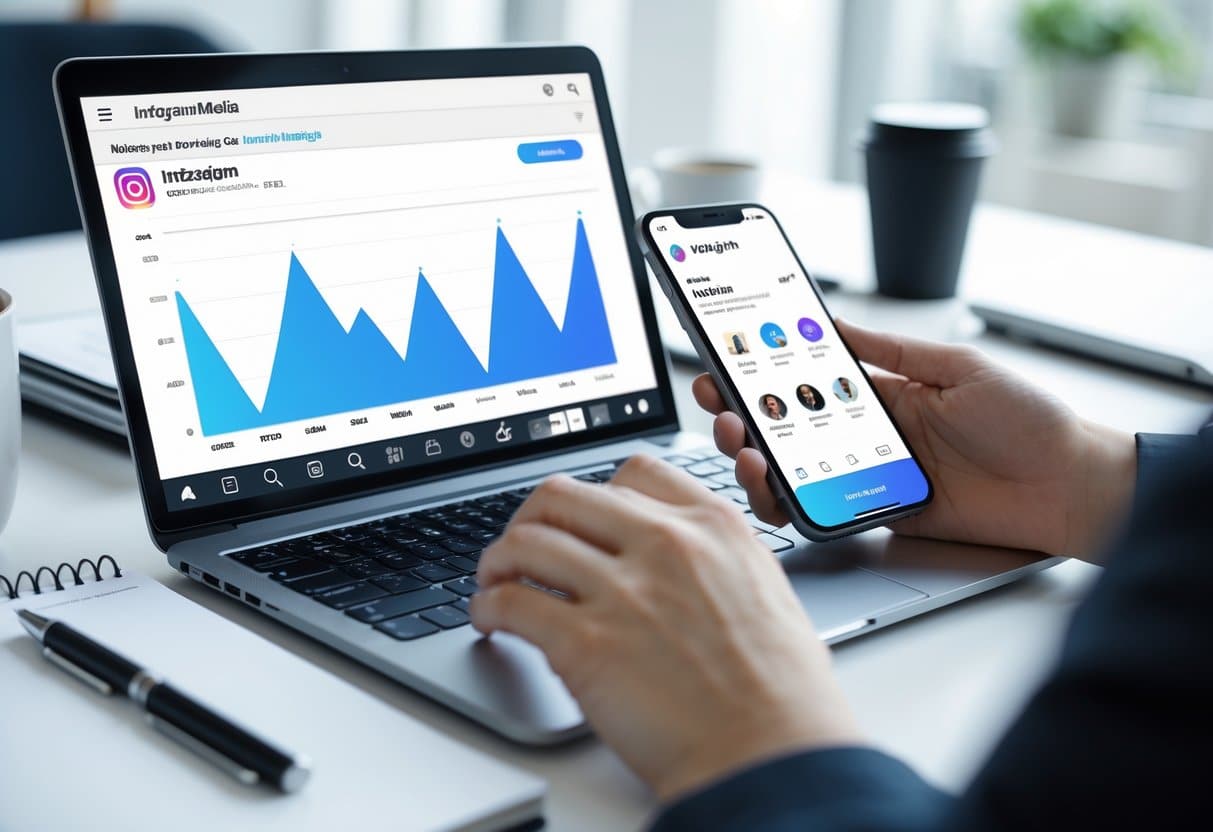 Pessoa em um escritório moderno usando laptop e smartphone, analisando métricas do Instagram.