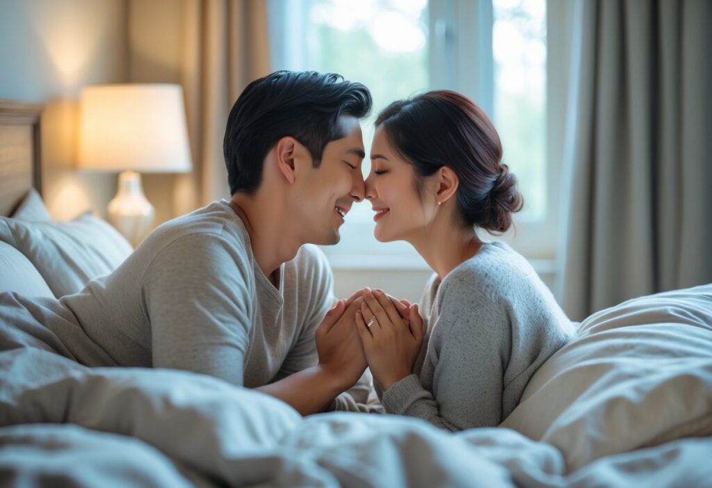 Um casal de marido e mulher deitados na cama, olhando um para o outro com carinho e sorrindo, em um quarto aconchegante e iluminado suavemente.