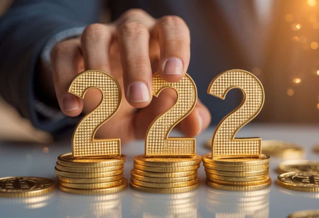 Mão segurando três moedas douradas que formam o número 777, com fundo desfocado.