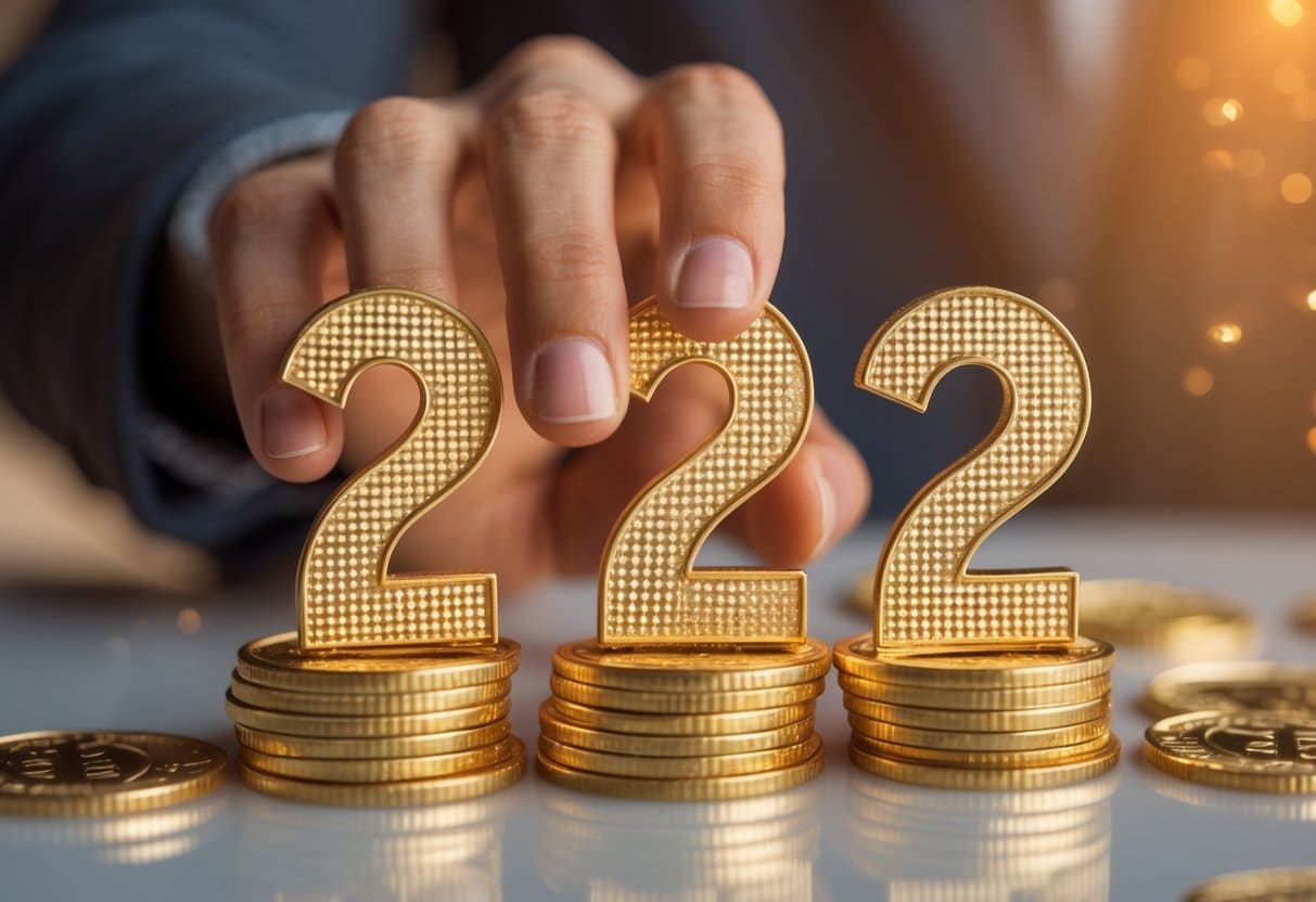 Mão segurando três moedas douradas que formam o número 777, com fundo desfocado.