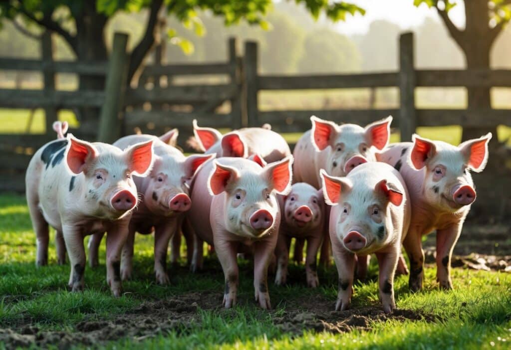 Um grupo de porcos juntos em um ambiente de fazenda com grama, cercas de madeira e árvores ao fundo.