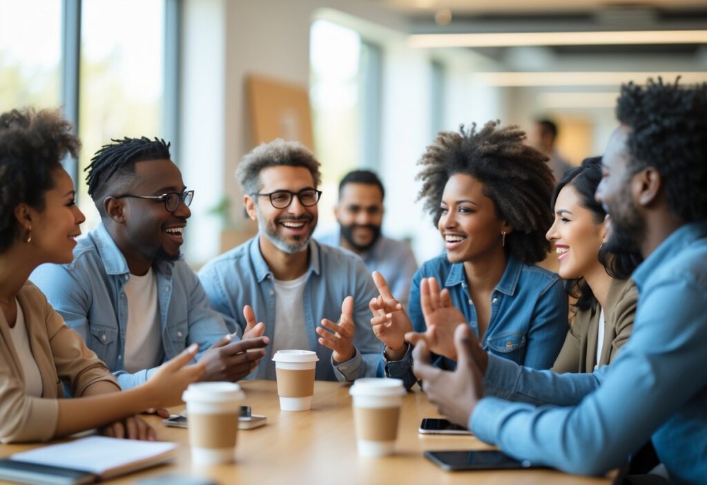 Grupo diverso de pessoas conversando animadamente em um ambiente moderno e iluminado.