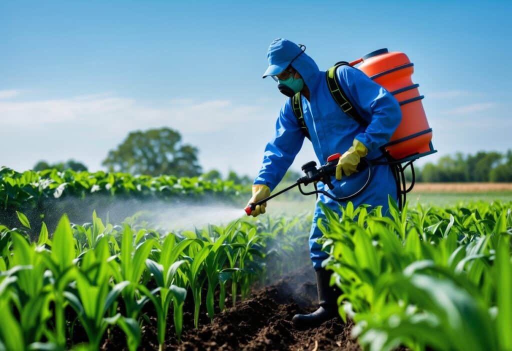 Agricultor aplicando inseticida em plantações verdes usando equipamento de proteção.