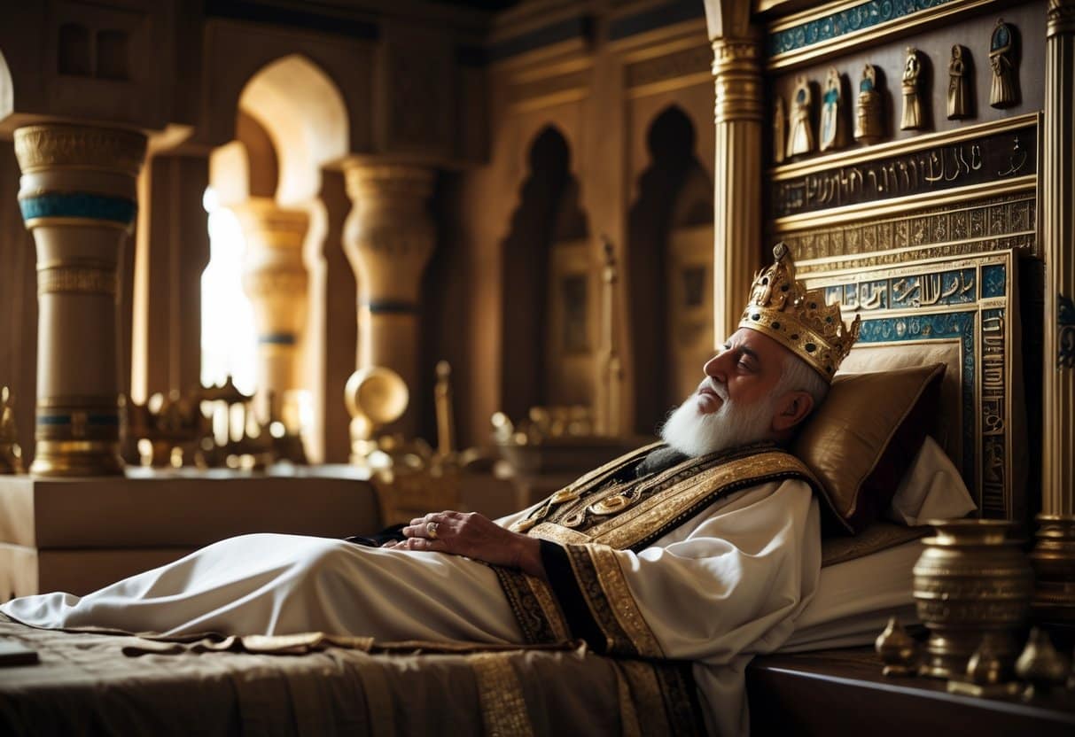 Um homem idoso vestido como rei antigo deitado em um leito ornamentado em uma sala real decorada com símbolos de sabedoria e realeza.