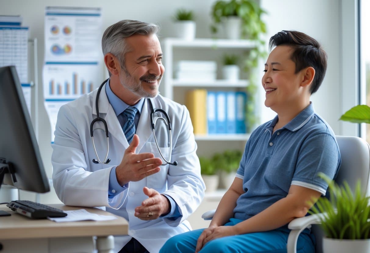 Consulta médica entre um doutor e uma pessoa com nanismo em um consultório moderno e iluminado.