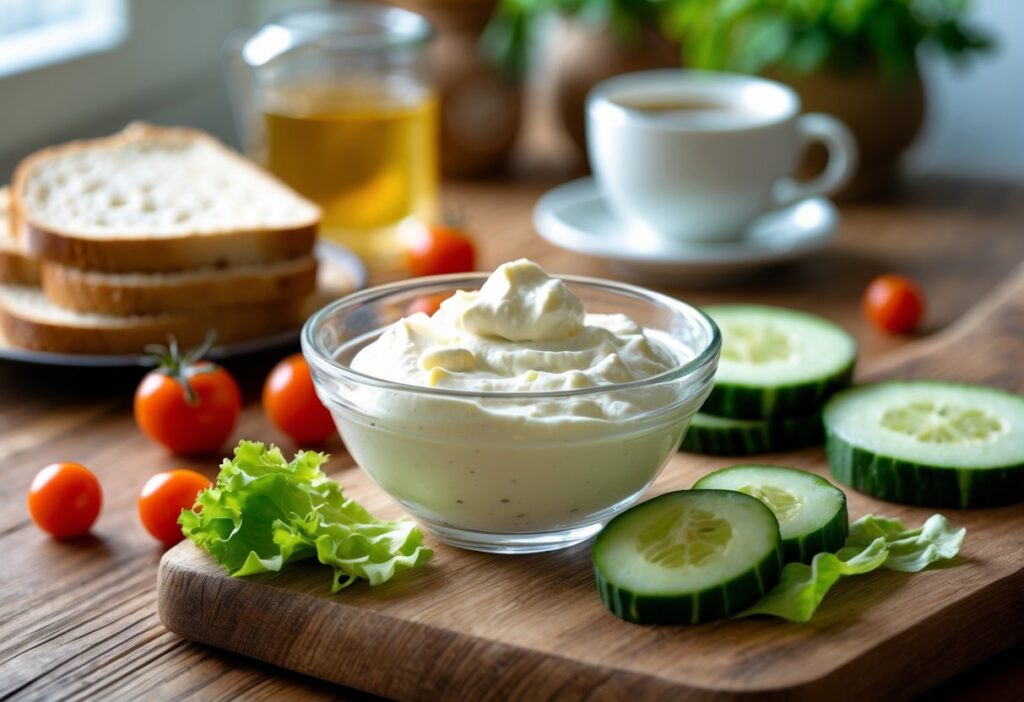 Café da manhã saudável com requeijão light em uma tigela de vidro, pão integral, tomate cereja, alface e pepino sobre uma mesa de madeira.