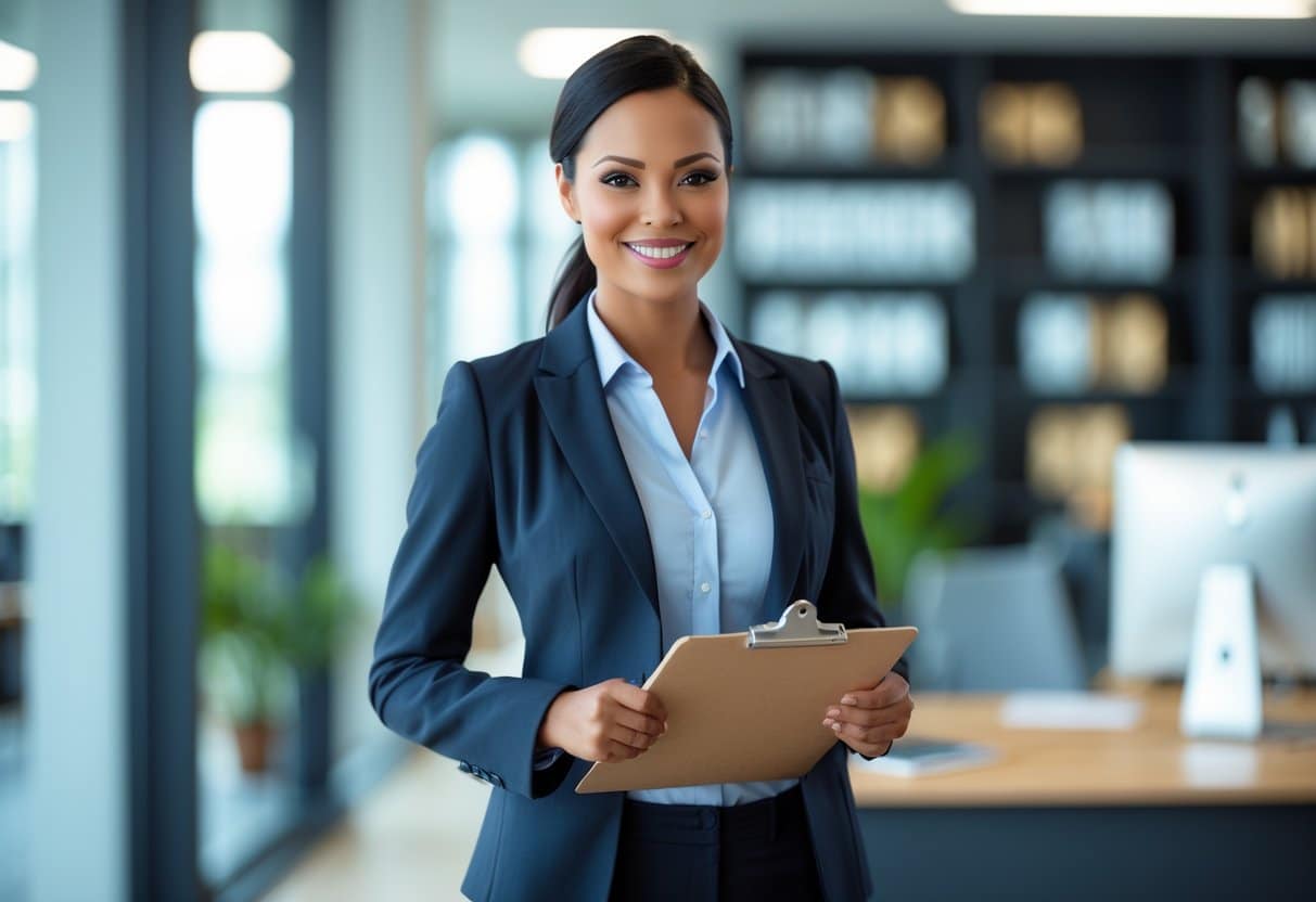 Pessoa em ambiente de escritório moderno segurando um prancheta e sorrindo.