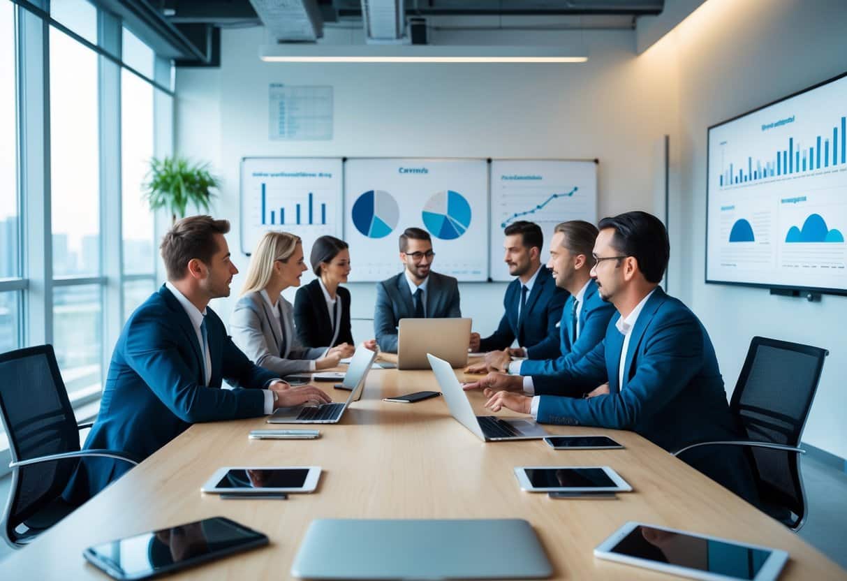 Grupo de profissionais em reunião colaborativa em um escritório moderno, com laptops e dispositivos digitais sobre a mesa.