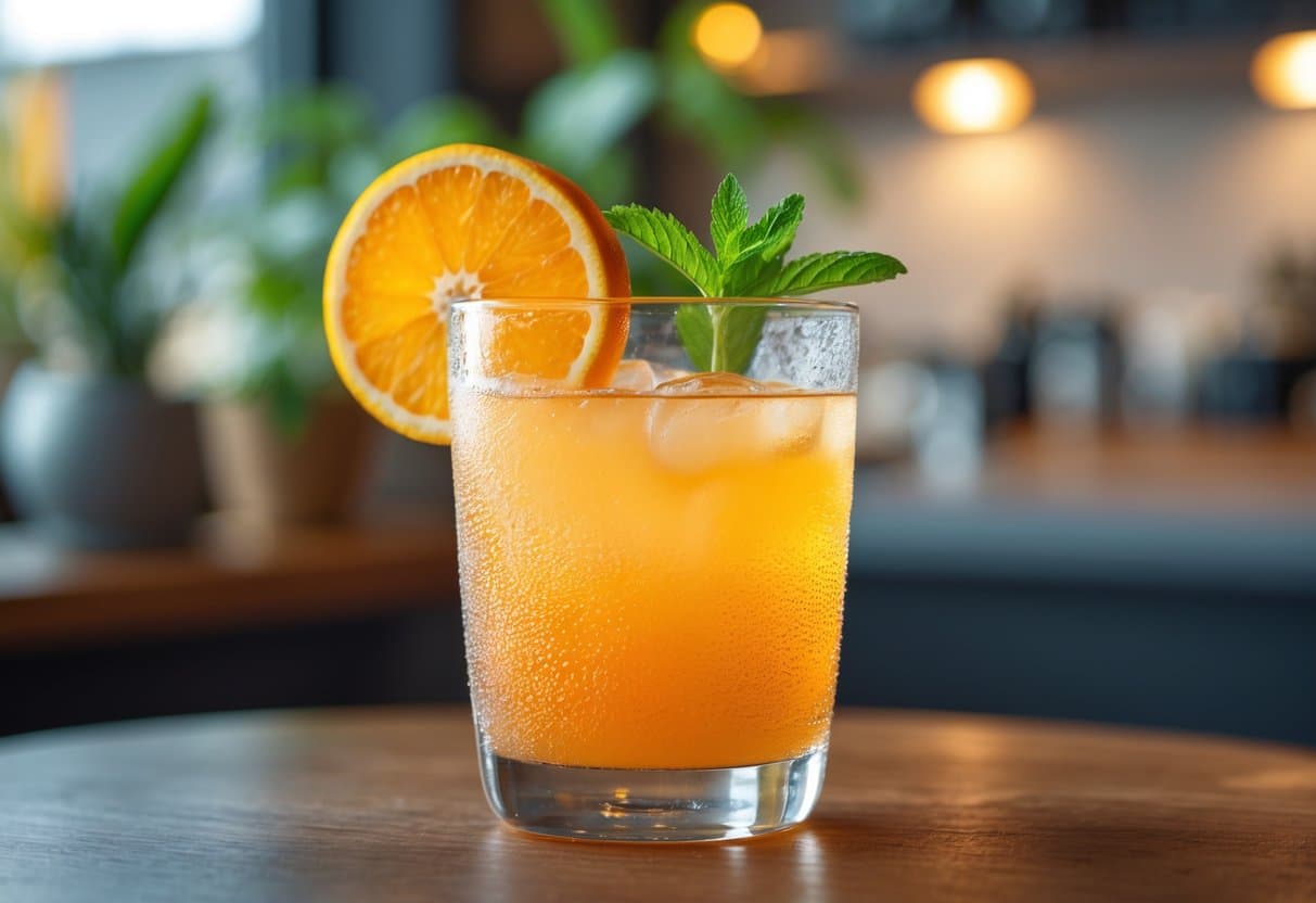 Copo transparente com bebida laranja, fatia de laranja e hortelã sobre mesa de madeira, com fundo desfocado de cozinha moderna.