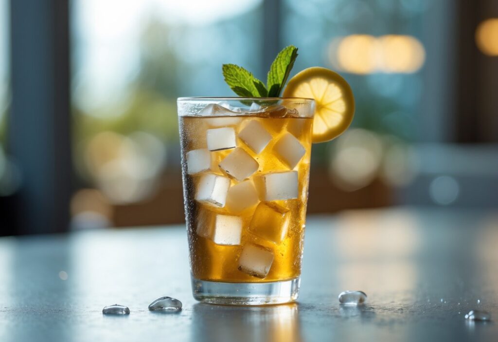 Copo transparente com uma bebida gelada, cubos de gelo e uma fatia de limão, em uma mesa clara com fundo desfocado.