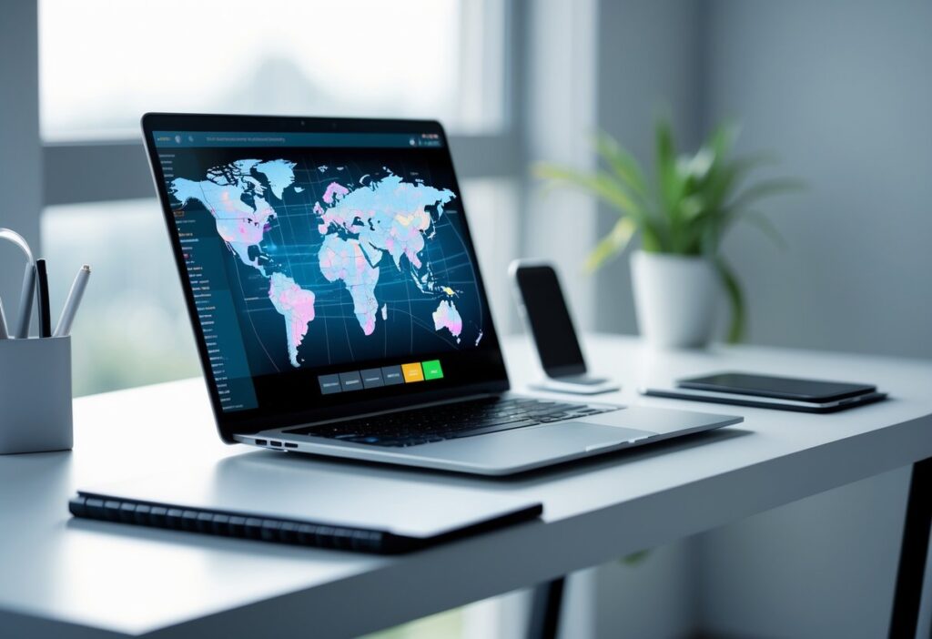 Um espaço de trabalho moderno com um laptop exibindo um mapa digital relacionado a códigos postais, em uma mesa limpa com materiais de escritório.