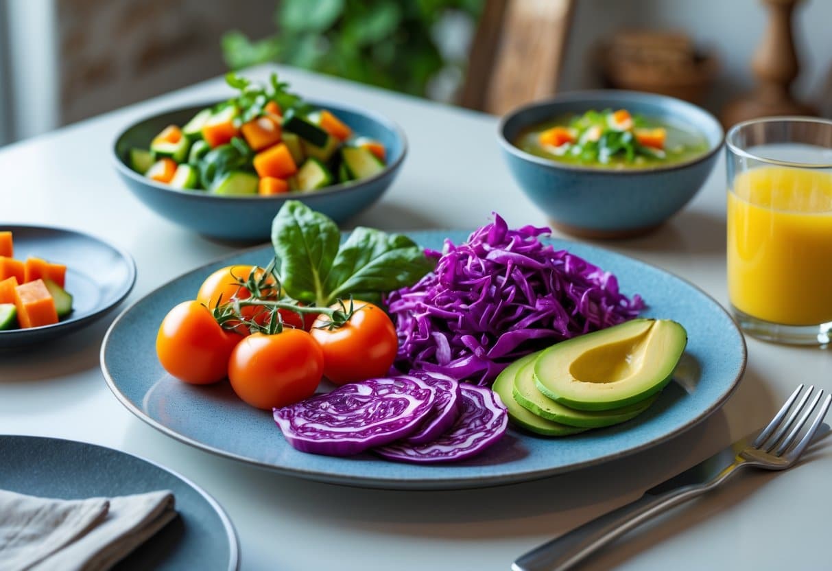 Prato com comida variada incluindo tomates, abacate, salada de repolho roxo, sopa de legumes e suco de vegetais em uma mesa de jantar.