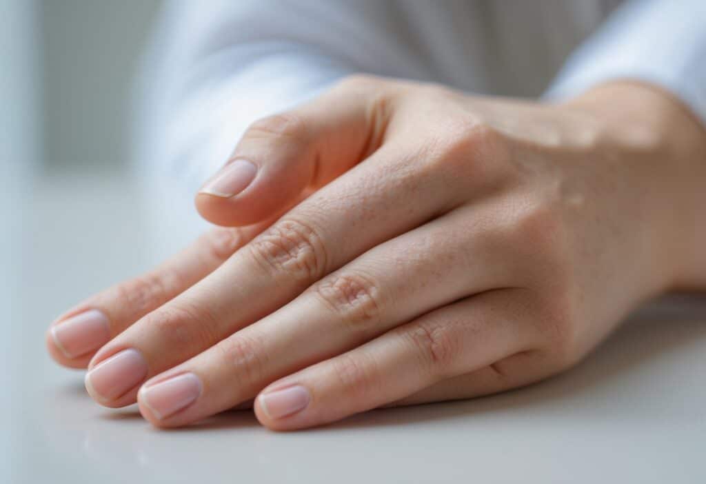 Close-up de uma mão humana descansando sobre uma superfície lisa.