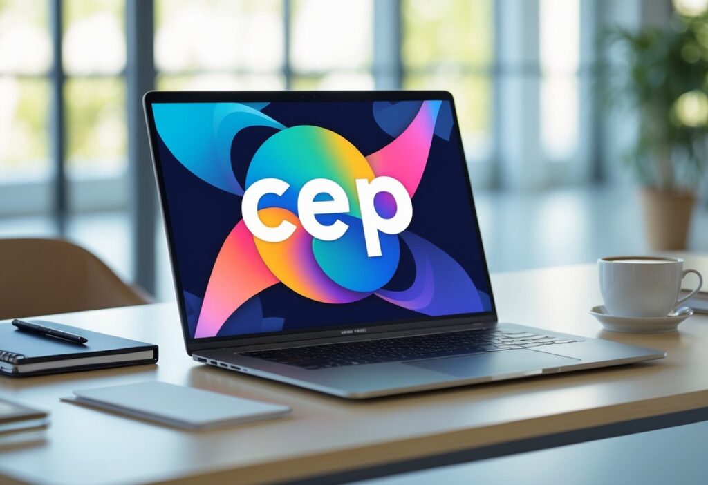 Mesa de escritório moderna com laptop aberto mostrando um design gráfico colorido com as letras CEP e a letra G estilizada, cercado por acessórios de escritório e luz natural entrando pela janela.