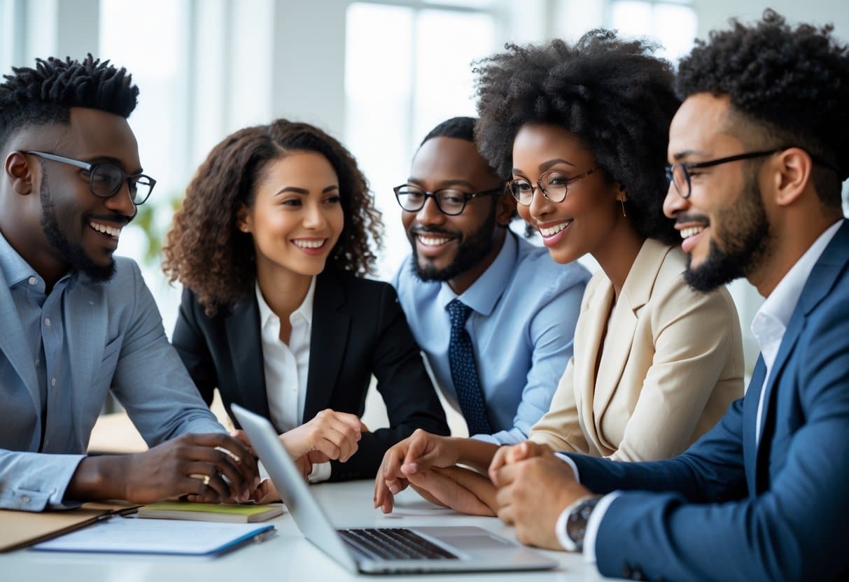 Um grupo diversificado de pessoas interagindo em um ambiente de trabalho moderno e iluminado.