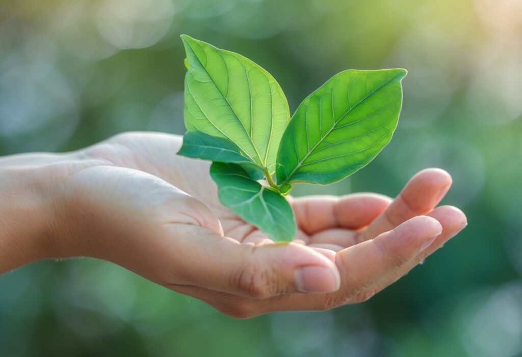 Mão segurando uma folha verde com fundo desfocado.
