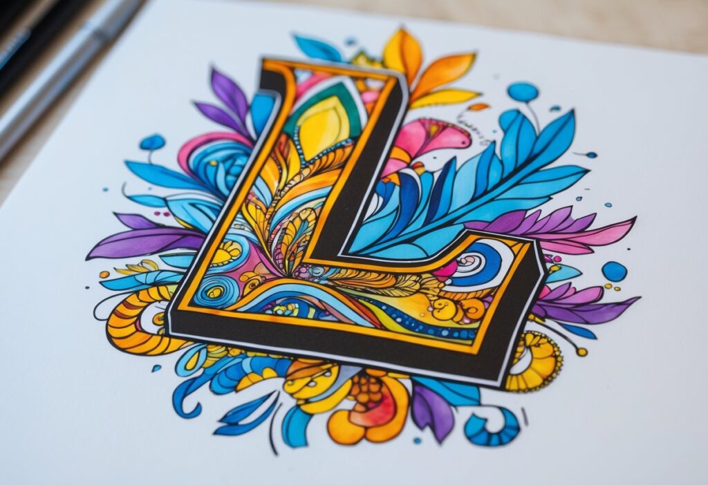 Desenho colorido e detalhado com a letra L em destaque, sem texto adicional.