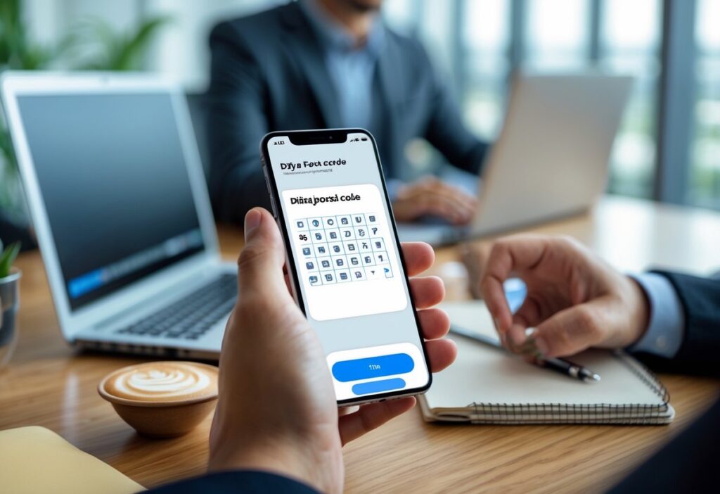 Pessoa usando um smartphone em um escritório moderno, com uma mesa que tem um laptop, caderno e uma xícara de café.