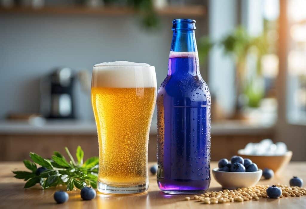 Uma bebida refrescante em um copo ou garrafa sobre uma mesa de madeira, com detalhes que indicam frescor, em um ambiente de cozinha ou café ao fundo.