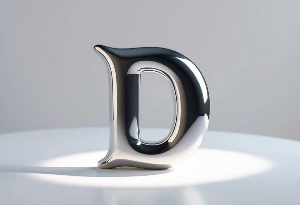 Objeto moderno em formato de letra D feito de metal polido sobre fundo branco.