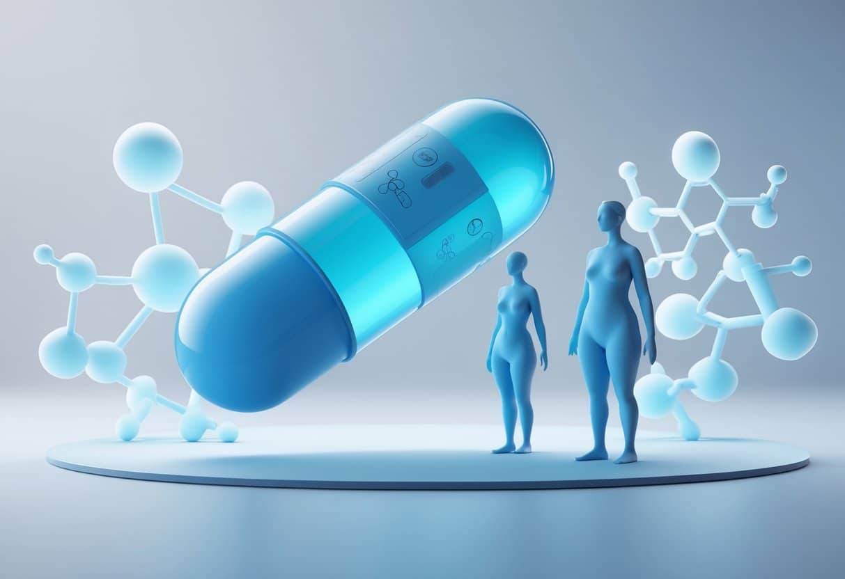 Uma cápsula de remédio flutuando entre duas figuras humanas, uma com corpo neutro e outra com leve aumento de peso, com estruturas moleculares ao redor em um fundo clínico azul claro.