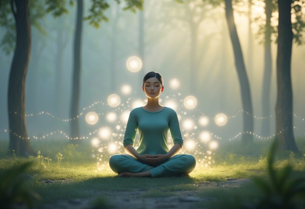 Pessoa sentada de pernas cruzadas em uma clareira de floresta, com os olhos fechados e expressão calma, rodeada por luz suave e formas borradas desaparecendo ao fundo.