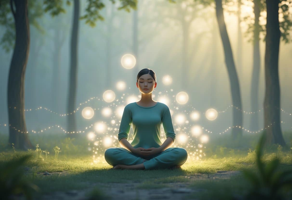 Pessoa sentada de pernas cruzadas em uma clareira de floresta, com os olhos fechados e expressão calma, rodeada por luz suave e formas borradas desaparecendo ao fundo.
