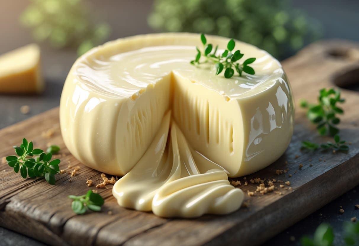 Queijo cremoso e macio cortado, mostrando sua textura úmida e elástica sobre uma tábua de madeira.