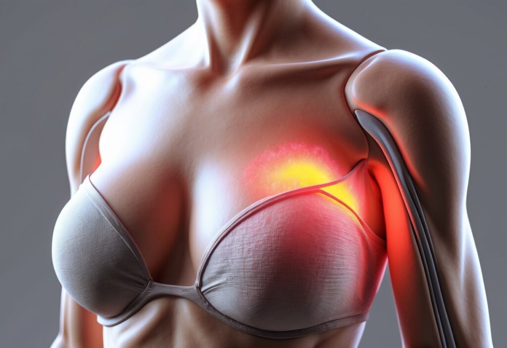 Renderização 3D do torso superior feminino mostrando a área sob a mama esquerda destacada para indicar dor.