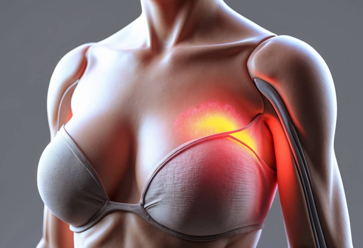 Renderização 3D do torso superior feminino mostrando a área sob a mama esquerda destacada para indicar dor.