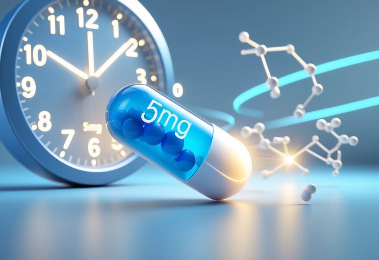 Renderização 3D de um comprimido azul e branco de 5mg com um relógio digital ao fundo indicando a passagem do tempo e estruturas moleculares flutuantes representando o medicamento.