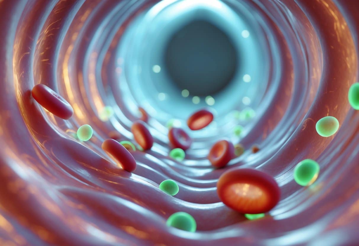 Visão aproximada do interior de um vaso sanguíneo com glóbulos vermelhos e moléculas de hemoglobina, algumas destacadas para representar hemoglobina glicada.