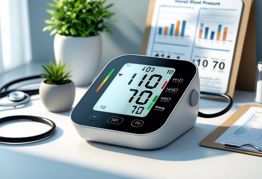 Monitor digital de pressão arterial mostrando leitura 110 por 70, com estetoscópio e prancheta ao redor.