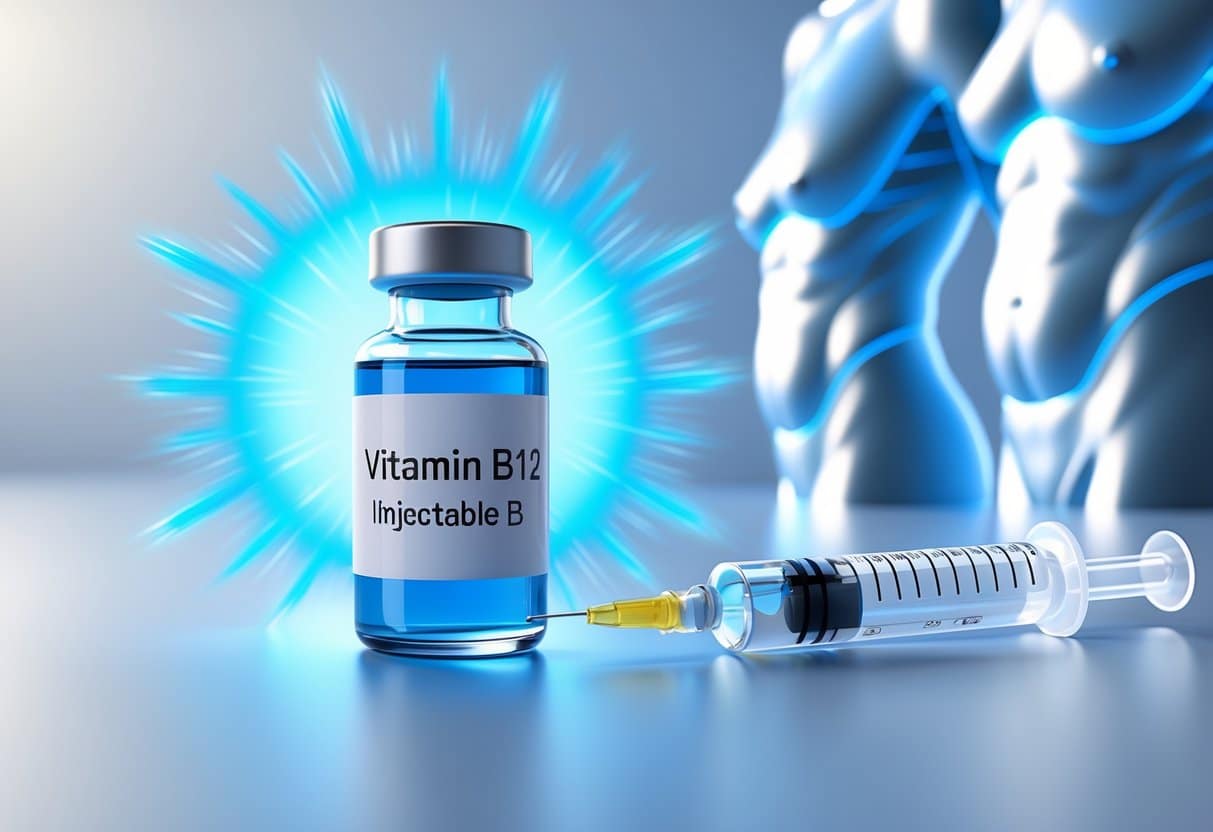 Cena mostrando um frasco de vitamina B12 injetável com uma seringa próxima, ao fundo silhuetas humanas destacando músculos e gordura.