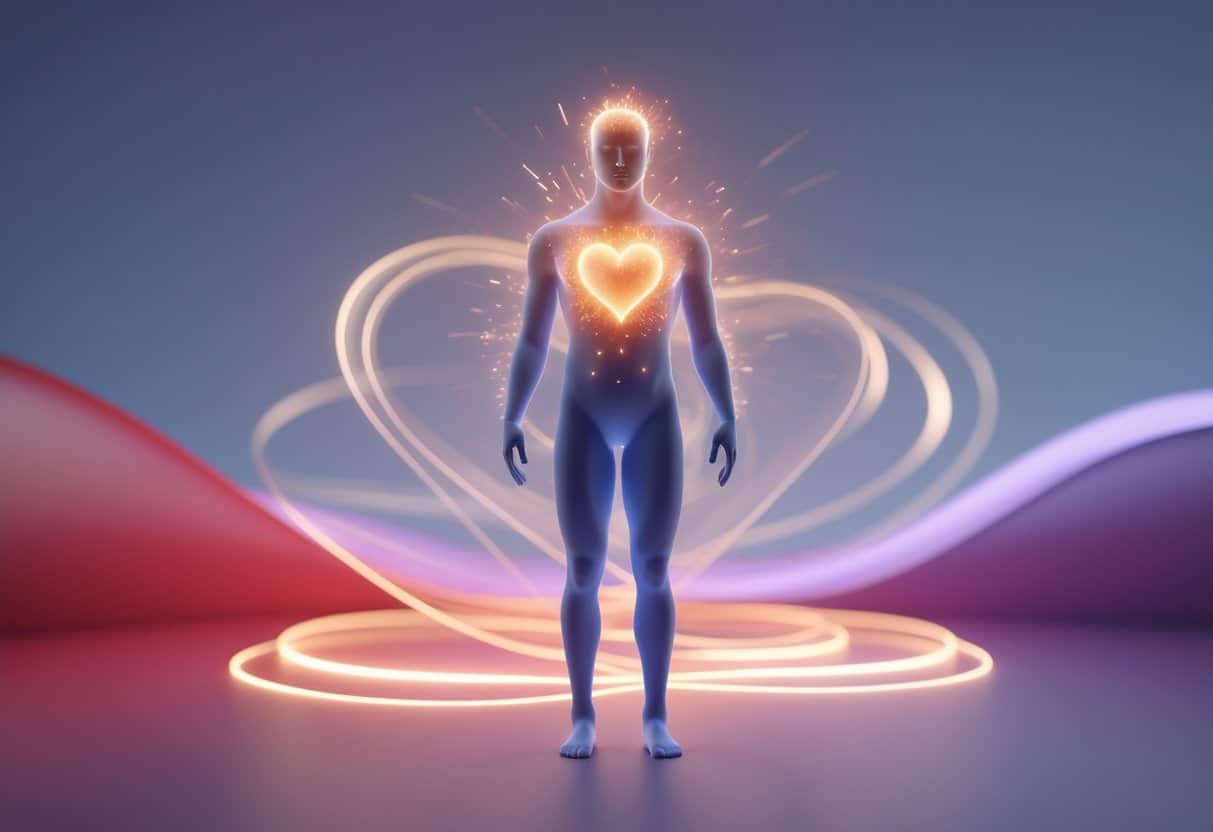 Figura humana em ambiente sereno com luzes quentes ao redor do coração e cabeça, simbolizando desejo e anseio emocional.