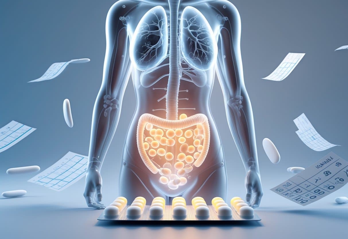 Representação 3D de um torso feminino com foco no sistema reprodutor e pílulas anticoncepcionais, acompanhada de elementos que simbolizam a passagem do tempo.