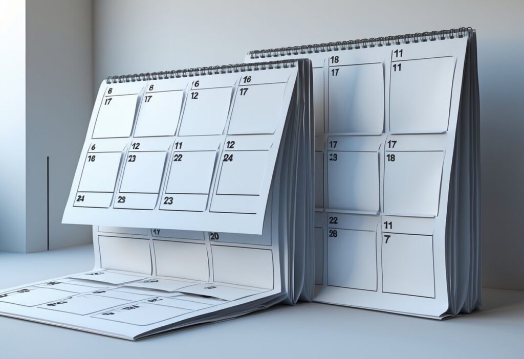 Calendário aberto mostrando seis semanas destacadas ao lado de duas páginas de meses sobrepostas, ilustrando a conversão de semanas em meses.