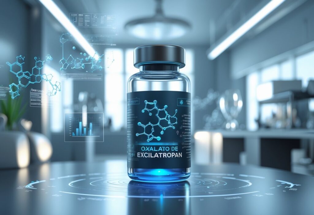 Um frasco de vidro transparente com líquido azul brilhante em um laboratório moderno com equipamentos científicos ao fundo.