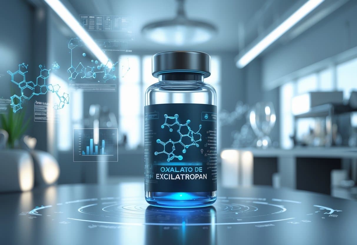 Um frasco de vidro transparente com líquido azul brilhante em um laboratório moderno com equipamentos científicos ao fundo.