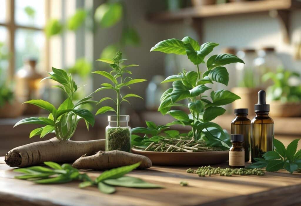 Mesa com plantas medicinais, raízes e frascos de extratos naturais em um ambiente de cozinha aconchegante.
