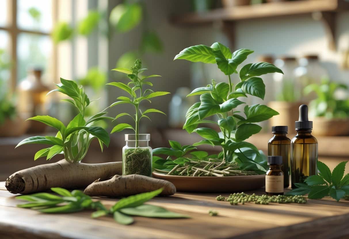 Mesa com plantas medicinais, raízes e frascos de extratos naturais em um ambiente de cozinha aconchegante.