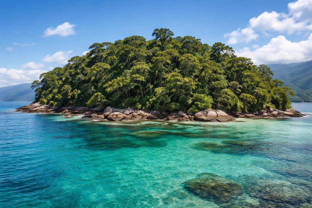 Ilha do Cedro com árvores de cedro verdes, água azul cristalina e céu claro.