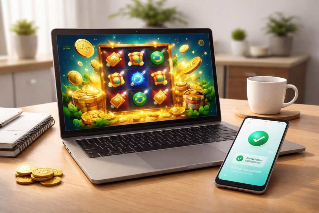Mesa de trabalho moderna com laptop mostrando jogo online e smartphone exibindo confirmação de pagamento via PIX.