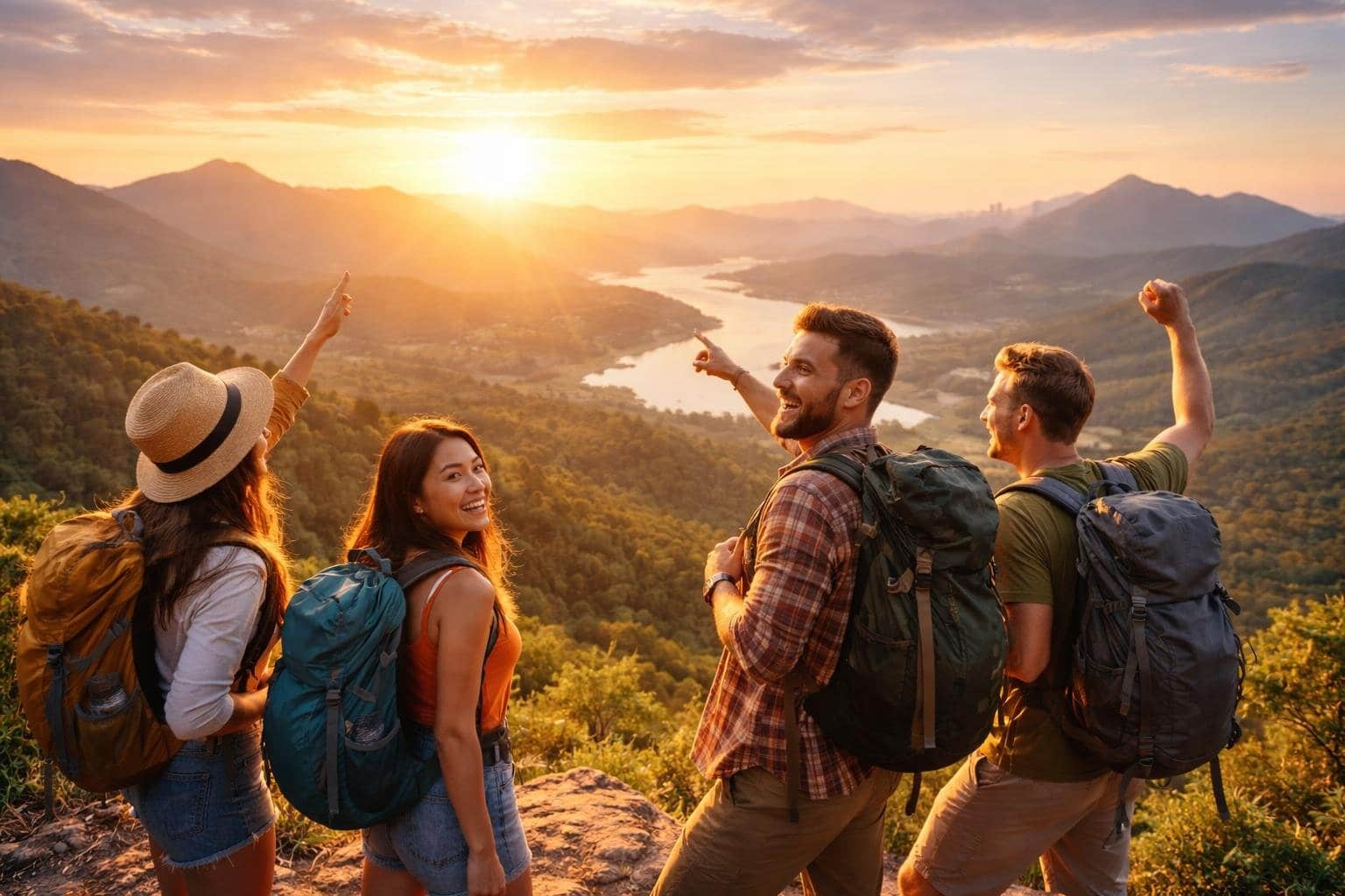 Grupo de viajantes sorrindo em um mirante com vista para montanhas, rio e cidade ao amanhecer.